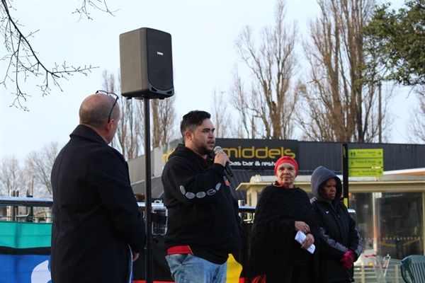 Lionel Rose Junior speaking at the NAIDOC Week flag raising community event.