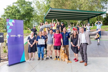 Project Reference Group members Jenny Schembri, Carol Asbock, Tiffany Moore, Liam Doyle, Jamison Asbock, Steve Asbock, Harriet Shing MP, Mayor Michael Leaney and his dog, Tilly.