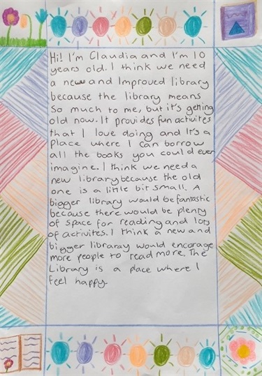 Letter supporting the need for a new library from 10-year-old local library member Claudia.