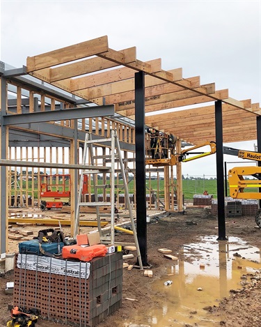 The frame of the new pavilion is well on its way to being completed, with wall and roof cladding materials on site.