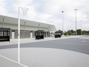 The new pavilion and netball courts following completion