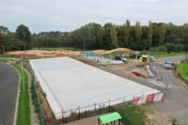 Netball Court foundation has been poured and pavilion frame is underway