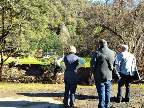 BRV Acting CEO Carmel Flynn, Baw Baw Shire Council Municipal Recovery Manager Christian Thomas and CEO Mark Dupe in Walhalla