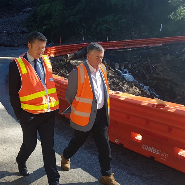 Minister for Roads and Road Safety Ben Carroll and Mayor Danny Goss on site at Mt Baw Baw Tourist Road