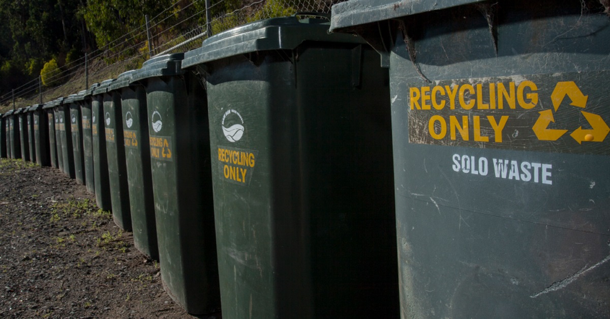 Photo of a row of green recycling bins