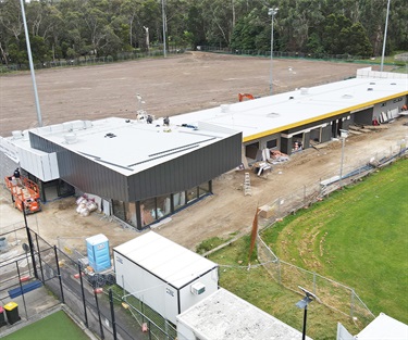 The pavilion's timber frame, along with the roofing is complete. Internal electrical fit-out, mechanical ducting for air conditioning, plaster are underway. External cladding is almost complete