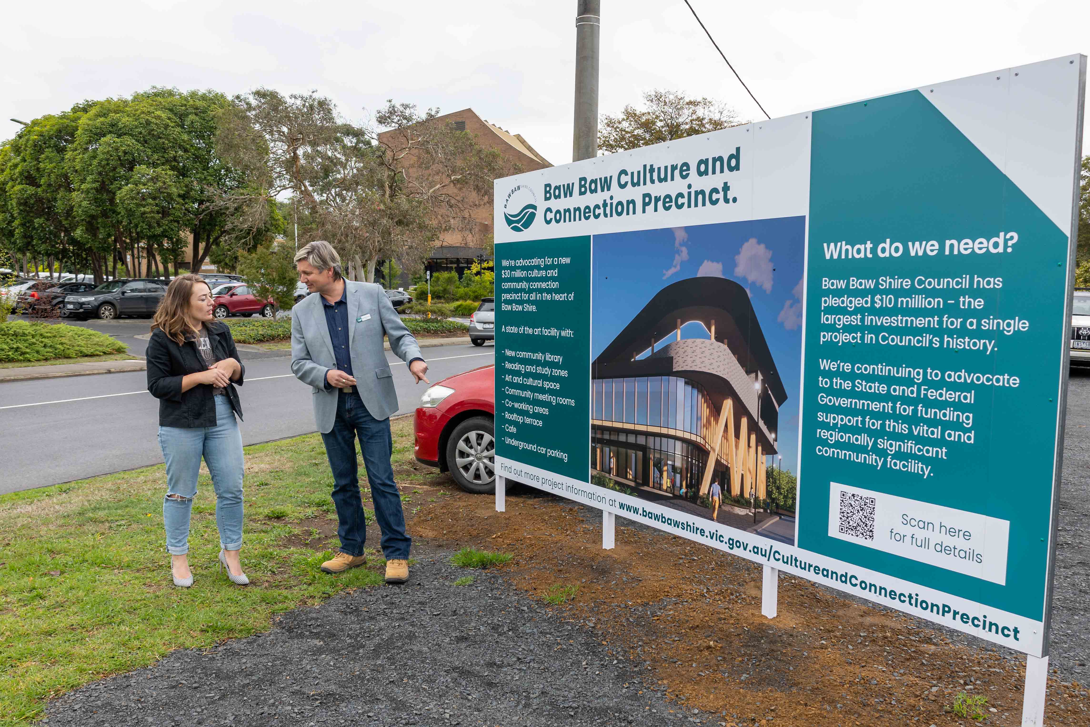 Labor candidate for Monash Jessica O’Donnell and Mayor Michael Leaney discuss the Baw Baw Culture and Connection precinct at the proposed site in Civic Park, Warragul.