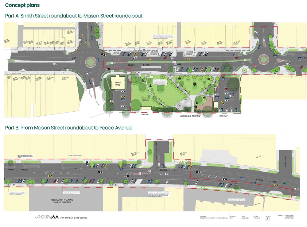 A map of Queen Street, Warragul extending from Smith Street roundabout to Peace Avenue highlighting the proposed concept designs.