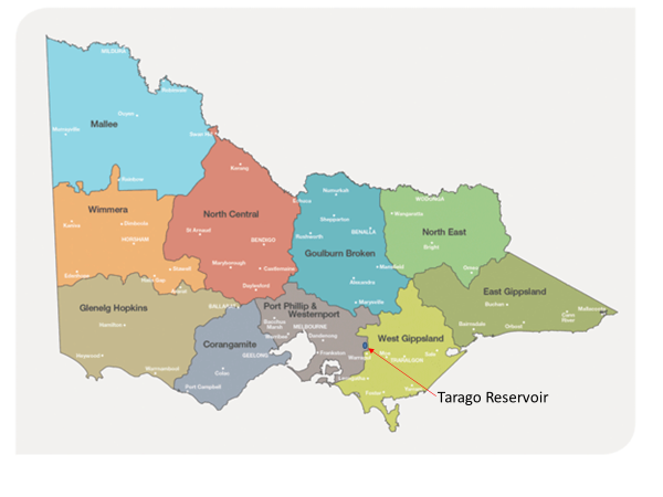 Map of Victorian water catchment areas, highlighting the Tarago Catchment